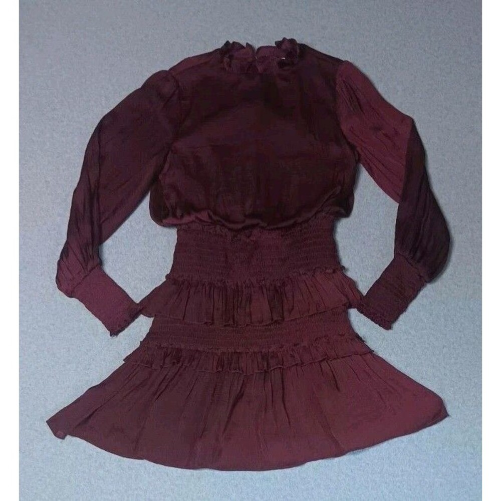 She Sky Long Sleeve Smocked Waist Mock Neck Tiered Ruffled Mini Dress S Maroon